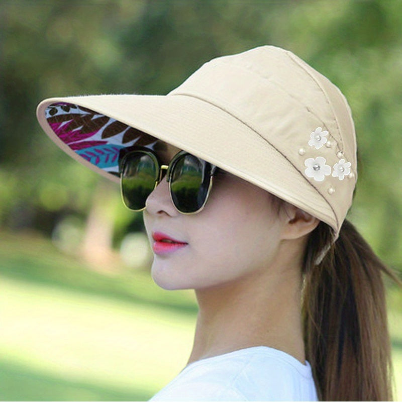 Wide Brim Sun Visor Foldable Picnic Hat Beach UV Protection Scallop Cap For Outdoor With Faux Pearl & Flower; Women's Hat & Caps Doba